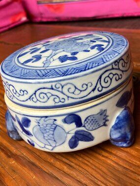 Vintage Chinoiserie Flow Blue Trinket Box Qianlong Mark